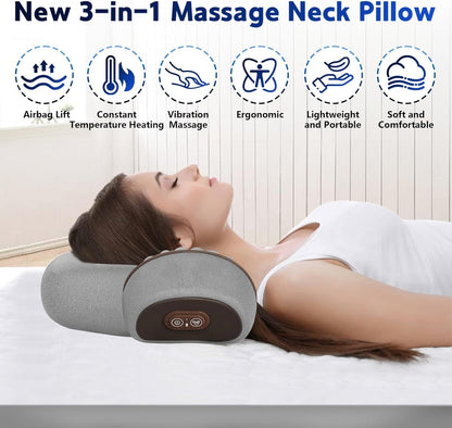3 in 1 Neck Massager, 2026 New Heated Massage Neck Pillow, Cervical Traction Bed Back Pillow Sleeping, Deep Massage and Relaxation, Ergonomic Design