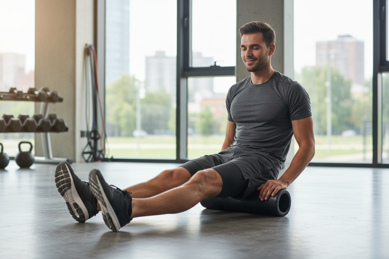 Male athlete using foam roller